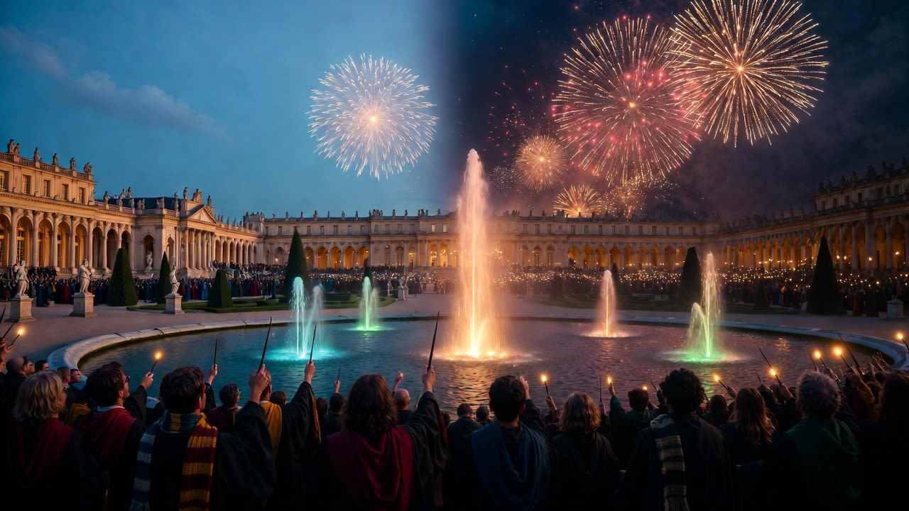 Harry Potter fans holding wands during a magical celebration in the gardens of the Palace of Versailles with fireworks lighting up the night sky.